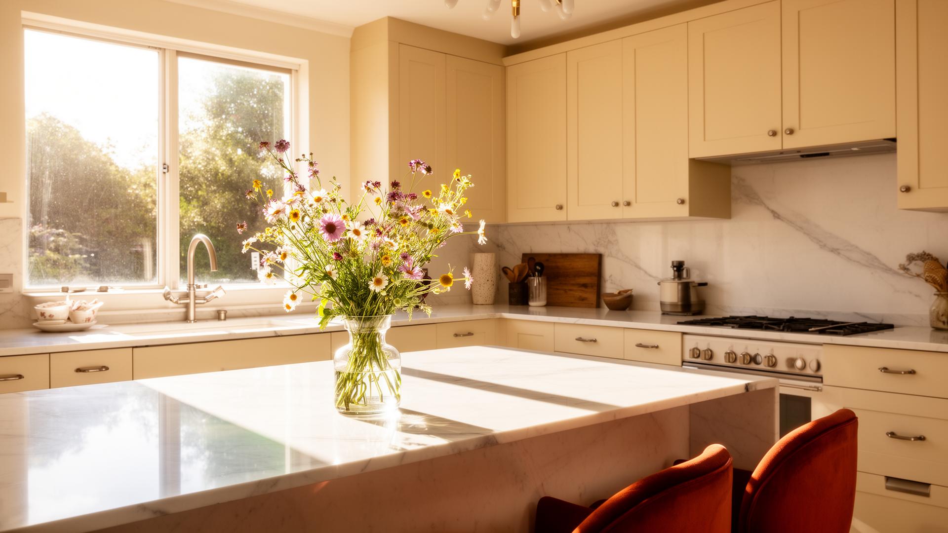 A spotless kitchen at golden hour